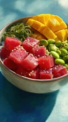 Delicious Tuna Poke Bowl with Fresh Mango and Edamame.