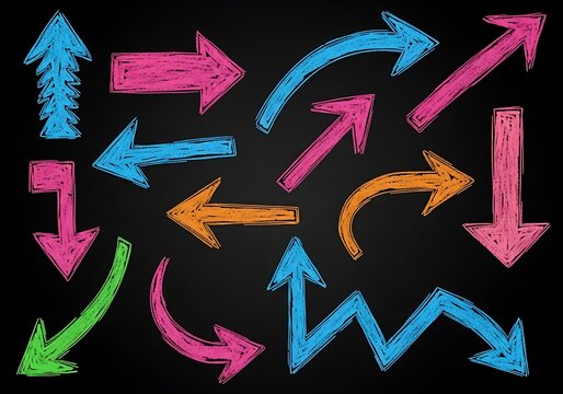 Colorful Hand Drawn Arrows on Dark Background.