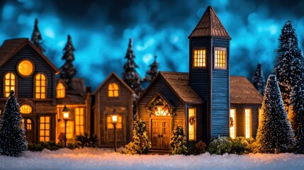 Cozy winter village scene with illuminated houses and a church amidst snowy pine trees at night
