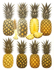 Illustration of pineapples, various views