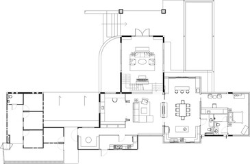 “Interior Design Furniture Layout Plan – 1st Floor Residential Building Living Room, Kitchen, Guest Bedroom Vector Design”