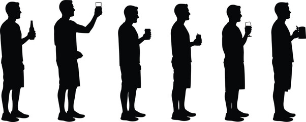 Silhouettes of men holding drinks, beer bottles, glasses, casual summer outfits, social gathering, friendship, leisure time, celebration, party, standing together.