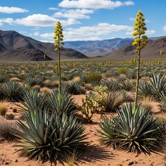 A sprawling agave field stretches across the desert landscape, showcasing towering agave plants and vibrant yellow flowers reaching towards a clear blue sky.