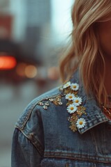 Denim jacket with embroidered daisies on shoulder.
