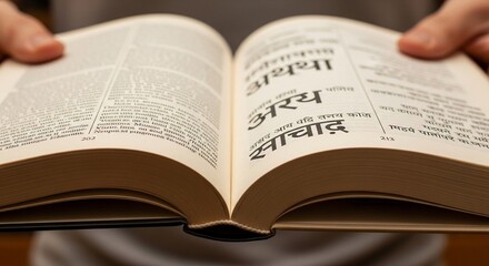 Fototapeta premium Close-up photo of hands holding an open bilingual dictionary with a foreign script, for concepts of International Translation Day, language, and global communication