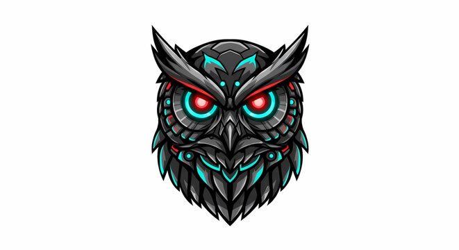 Futuristic robotic owl head with glowing red eyes, an illustration for a tech mascot or esports logo