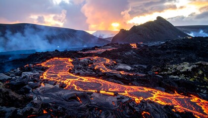 Molten lava flows across volcanic landscape at sunset