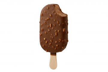 Obraz premium Chocolate-covered ice cream bar on wooden stick with hazelnut pieces, taking a bite, isolated on transparent background