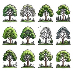 Illustration of various trees in different seasons