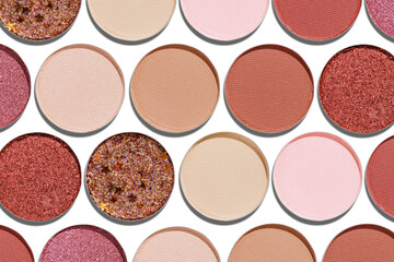 Cosmetics texture pattern, Warm vivid colored eye shadow makeup palette, round eye powder swatches. Female cosmetic and beauty products, aesthetic minimal beauty photo, colorful eyeshade, top view