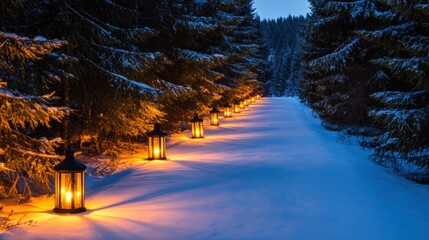 Serene winter pathway illuminated by lanterns, surrounded by snow-covered trees in a tranquil forest