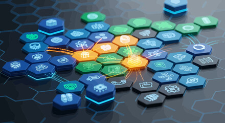 Isometric Network Of Hexagonal Data Blocks With Abstract Glowing Connections