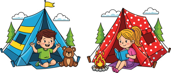 Happy kids camping in forest, enjoying outdoor adventure with tents, reading book, sitting by fire, playing with teddy bear.