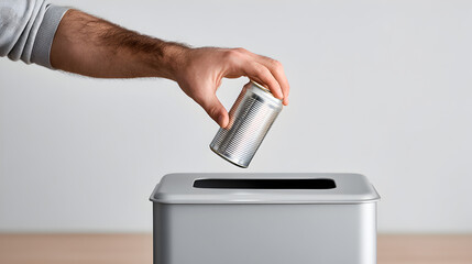 A hand putting a silver can into the recycling bin 