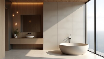 Modern Bathroom Design Minimalist Aesthetic with Bathtub and Vanity Against a Natural Backdrop