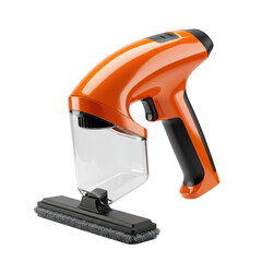 Orange and black handheld window cleaning vacuum squeegee tool isolated on transparent background