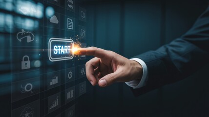 Businessman initiates digital transformation, pressing START button on futuristic interface
