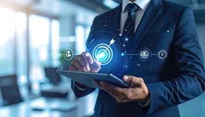 Businessman using tablet with digital target and arrow