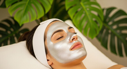 Woman relaxing with silver facial mask in beauty spa