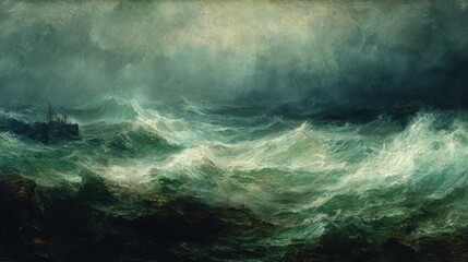 Dramatic Ocean Waves Crashing Under Dark Sky.