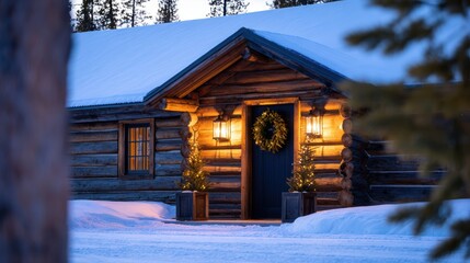Cozy log cabin adorned with festive decorations, nestled in a snowy landscape at twilight