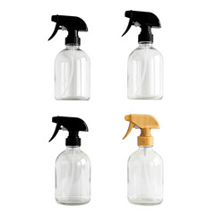 Four empty clear plastic spray bottles with different trigger sprayers isolated on transparent background