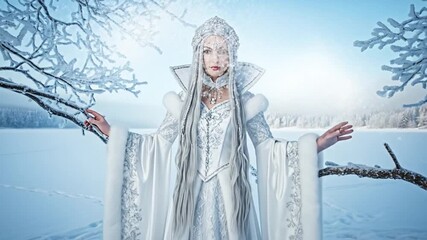 A beautiful fantasy snow queen in an elegant white gown standing in a frozen winter landscape. - Powered by Adobe