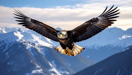 Obraz premium Majestic Bald Eagle Soaring Over Snowy Mountains