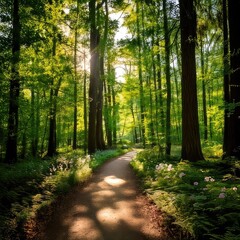 Fototapeta premium Sunlight streams through a verdant forest path (1)