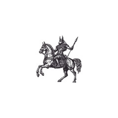 Fototapeta premium Vintage engraving illustration of the Egyptian god Anubis, the jackal-headed deity, riding a powerful horse and holding a spear. Mythology, history, and fantasy concept art