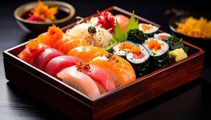 Colorful sushi assortment in wooden box