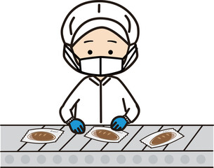 パン工場のラインで検品作業をする人物
