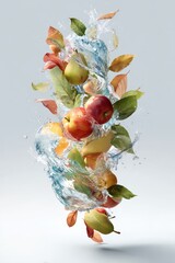 Dynamic fruit arrangement with water splash and leaves.