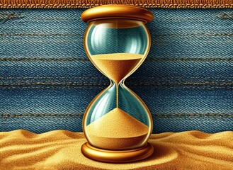 A close-up of a classic golden hourglass on a pile of sand with a textured denim background. The image is suitable for themes related to deadlines, time management, and business.;