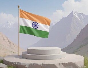 Indian flag on a podium in a mountain landscape