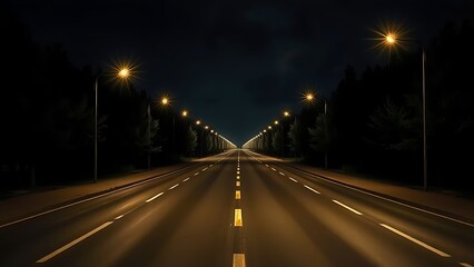 The illuminated asphalt highway stretching endlessly into the tranquil night, a silent journey through the urban fringe towards an unknown horizon, inviting contemplation of the path ahead