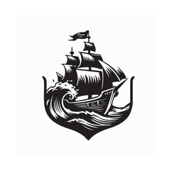 Old Pirate Sailing Ship on Rough Sea Vector Image isolated on white background