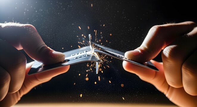 Hands Breaking Credit Card  Close-up hands snapping card in half, dust and sparks flying for dramatic effect.