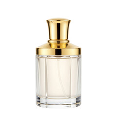 Elegant glass perfume bottle with gold cap isolated on transparent background