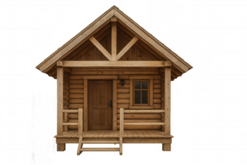Cozy wooden cabin with a rustic design, featuring a small porch and window, isolated on a transparent background, ideal for architectural concepts