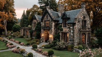 Fototapeta premium Large historic residence set within lush formal gardens and bordered by scenic woodland views