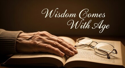 Evocative illustration for International Day of Older Persons, with a senior person's hand resting on an open book, and the text "Wisdom Comes With Age"