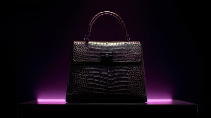 Elegant Black Crocodile Leather Handbag on Display with Dramatic Lighting.