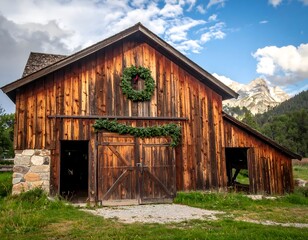 Rustic Wooden Barn with Mountn View and Festive Decor