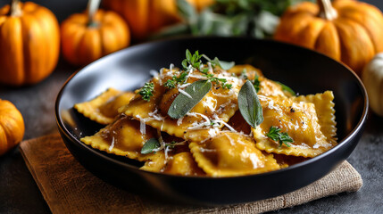 Ravioli with herbs and squash served black bowl with grated cheese and fresh sage, surrounded by small pumpkins creating cozy