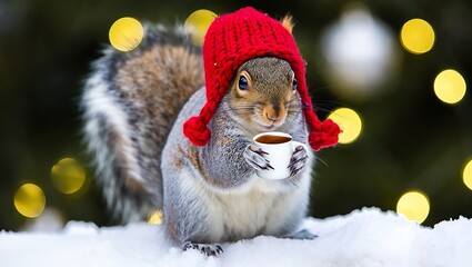 Cute squirrel with hat drinking coffee in winter scene