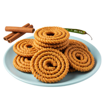 Crispy chakli snacks on a plate isolated on transparent background