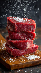 Raw red meat beef stacked on wooden cutting board with coarse salt falling, fresh and appetizing texture