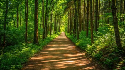 Obraz premium A serene forest path illuminated by dappled sunlight, surrounded by lush greenery and tall trees, inviting exploration and tranquility.
