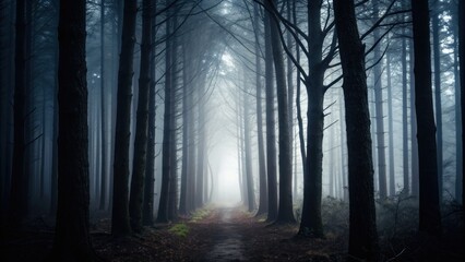 Obraz premium A misty forest path lined with tall trees, creating an eerie and atmospheric scene filled with soft light.